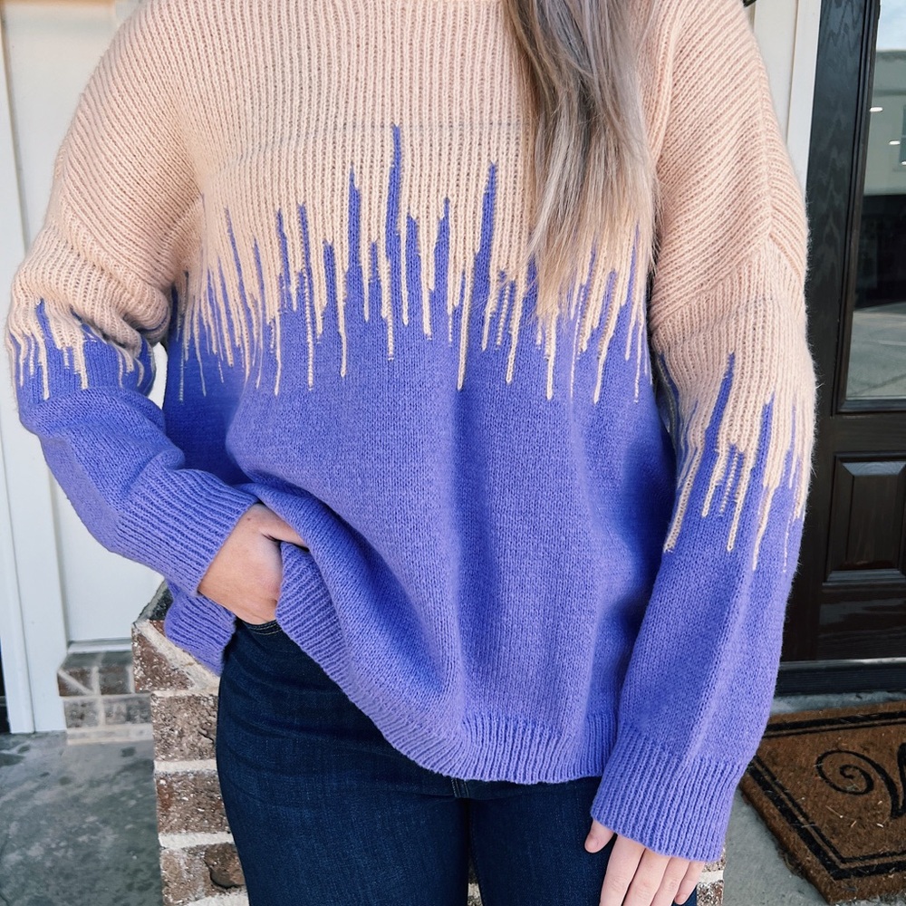 Vine & Love Beige to Lavender Ombre Drip Crewneck Sweater - Picture 2 of 9